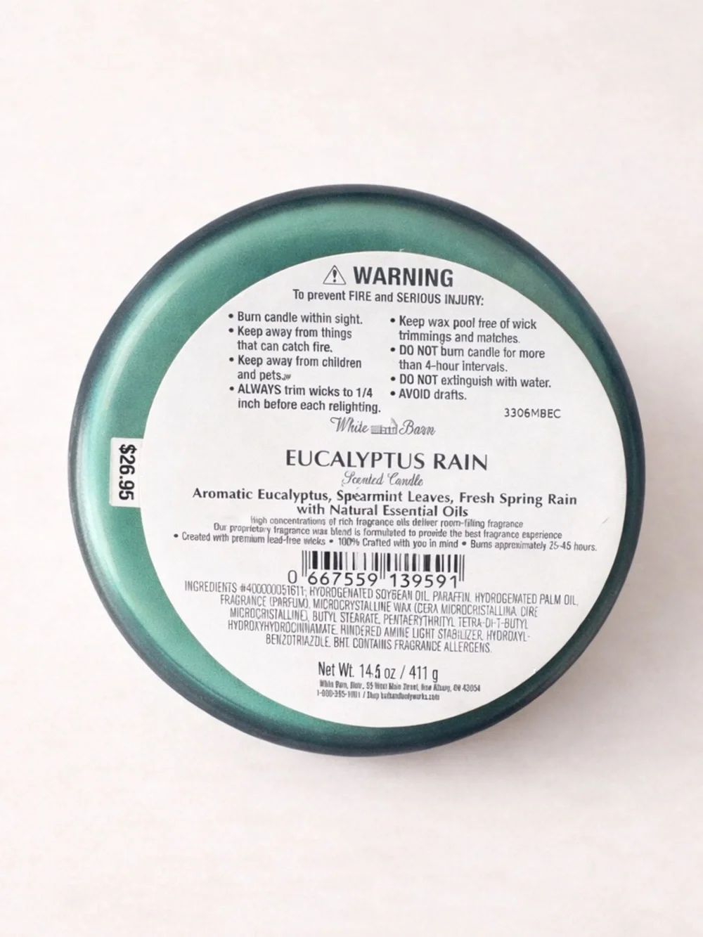 White Barn Eucalyptus Rain 3-Wick Candle - Teal and White - Picture 3 of 3